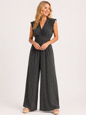 MAX STUDIO Smocked Waist Jumpsuit Wide Leg Black Ivory Print Women’s Size XL